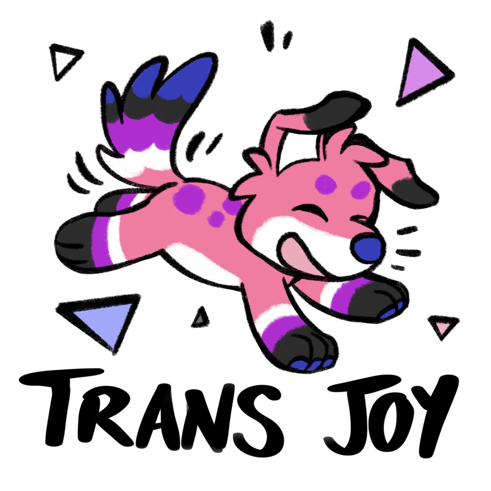 A genderfluid flag colored puppy with the text "Trans Joy"