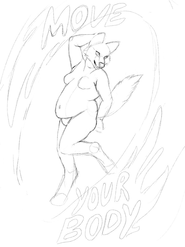 sketch of a fat anthro wolf dancing with the text "MOVE YOUR BODY"
