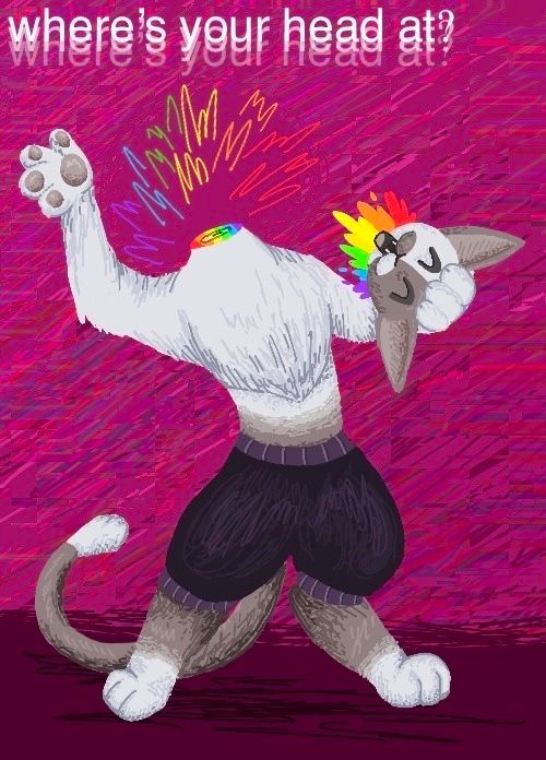 A digital drawing of Cicada, a white and grey anthro cat and op's fursona. It is wearing dark purple pants and standing with its legs wide and tail curled behind it, one hand raised and the other holding its decapitated head, which is smiling widely with its eyes closed. Its neck, instead of having a wound, has a hole with highly saturated colors where its neck would be, and rainbow blood bursts from that and the head. The background is a desaturated fuchsia with a glitch effect over it, and the text "where's your head at?" is repeated several times in an echoing effect at the top of the piece. 