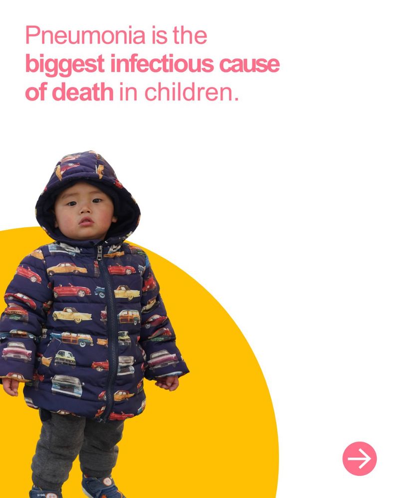 Infant standing wearing raincoat with text Pneumonia is biggest infectious cause of death in children. 