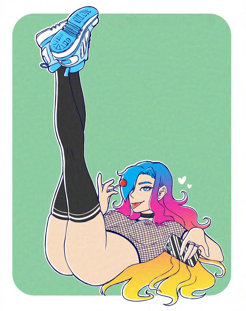 Art of my OC, CMKY, laying back with her legs & feet high in the air, referencing a 50s pinup girl pose that trended in 2025.

The woman has long curly hair, with bangs over one eye. Her hair is cyan at the roots, magenta in the middle, and yellow at the ends. Her eye is blue, with a touch of yellow.

She is wearing black thigh high socks, chunky blue sneakers, a black choker, and a fishnet crop top with nothing underneath. Her butt and breasts are visible, with her pink nipples peeking out through holes in the fishnet top. She is holding a black and white striped phone in her right hand, and a red lollipop in her left. 

She is looking at the viewer with a lidded eye, sticking her tongue out playfully. Her tongue has been dyed red from the lollipop.

There is a green rectangular background behind her, with two white hearts close to her head.