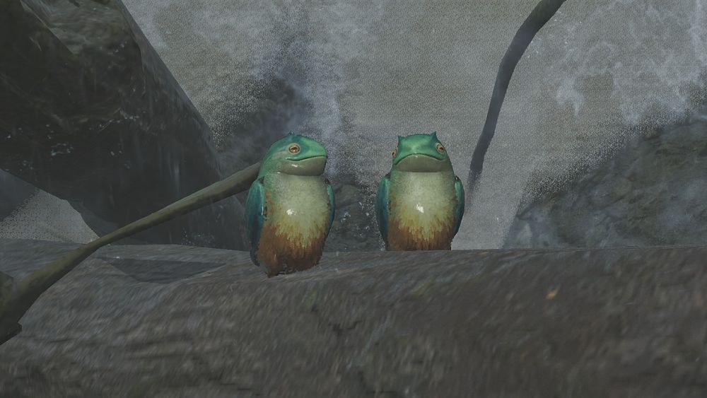 two amstrigians on a log near a waterfall