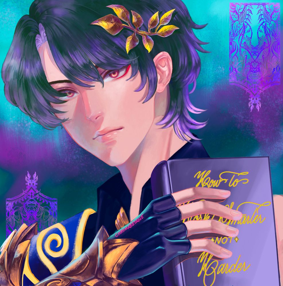 A digital painting of Veritas Ratio from the game Honkai: Star Rail. He has a kind, neutral expression whilst holding a book titled 'How to work smarter, not harder'. The background is painted with the colours of Aurora Borealis, with subtle sparkles scattered. There are intricate patterns in the top right and bottom left corners.