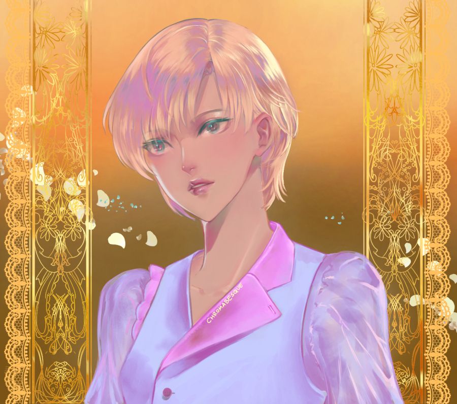 An anime style piece of a woman from imagination. She has a calm and content expression, looking off into the distance. The background is adorned with intricate gold patterns, as well as scattered flower petals. This version has a gold background.