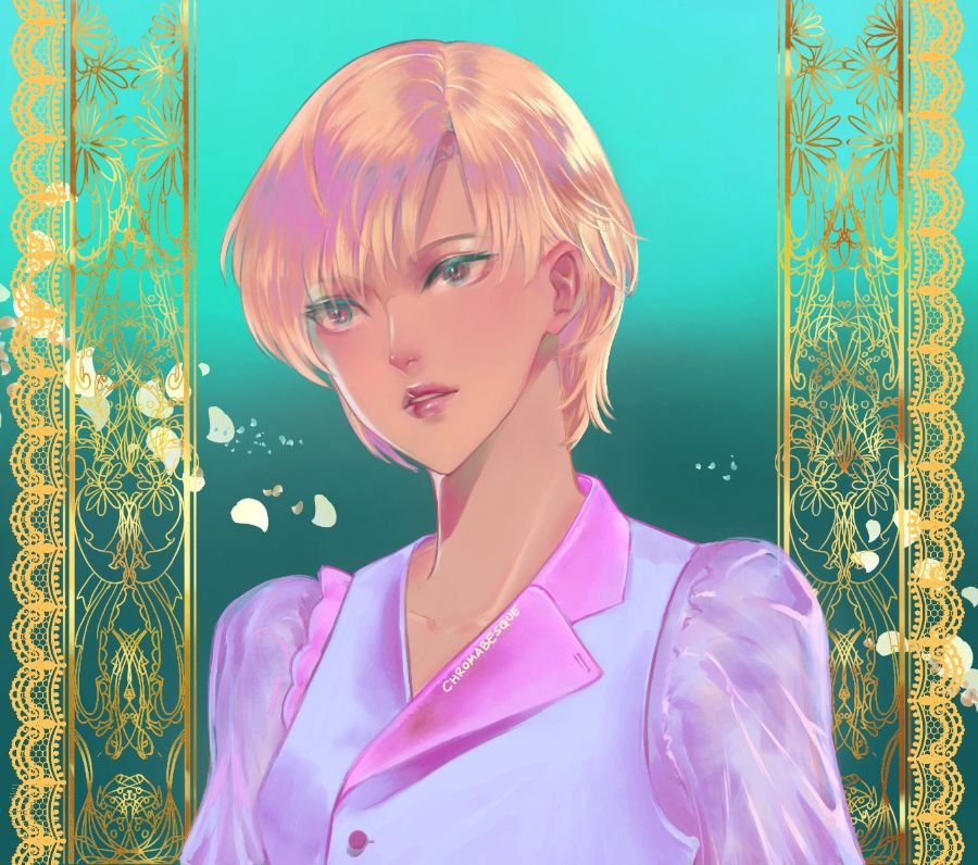 An anime style piece of a woman from imagination. She has a calm and content expression, looking off into the distance. The background is adorned with intricate gold patterns, as well as scattered flower petals.