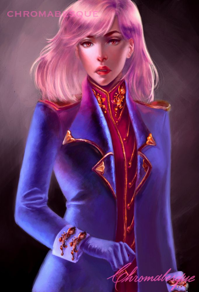 A digital painting of a woman from imagination, wearing formal attire with a pink and purple leaning blue colour scheme. Her hair is flowing slightly to her right, as though there were a light breeze.