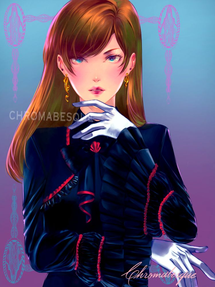 Anime style painting of a female character from imagination, dressed in elegant clothing with a contrasting colour scheme