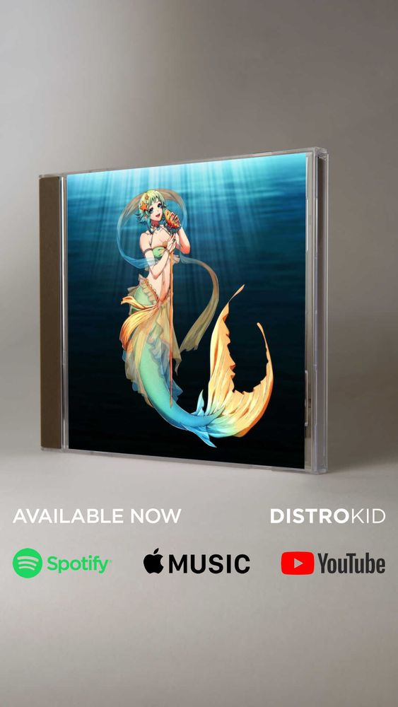 A promotional image of Jade Kaiba's song, Deep, on a CD. The artwork is by Akia-AP and features Gumi as a mermaid with a green tail, orange fins and a sash flowing around her