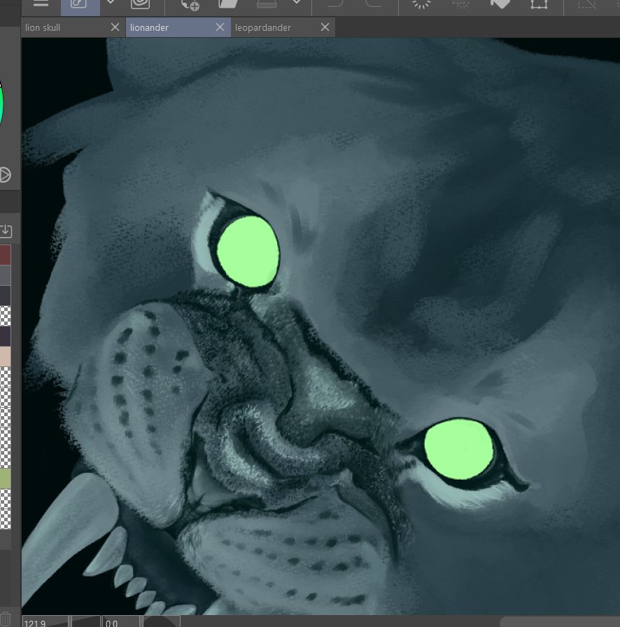 close-up of an unfinished painting done in shades of teal of a snarling lion with bright green eyes 