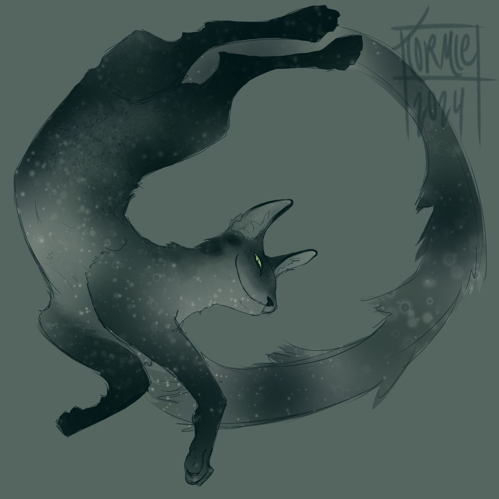 a sketch of a feline character drawn in shades of teal. The cat, which wears a sly smile, is twisting with its hind legs up above its head and its front paws extending beneath it. The curve of its body, along with its unusually long tail, form a full circle.