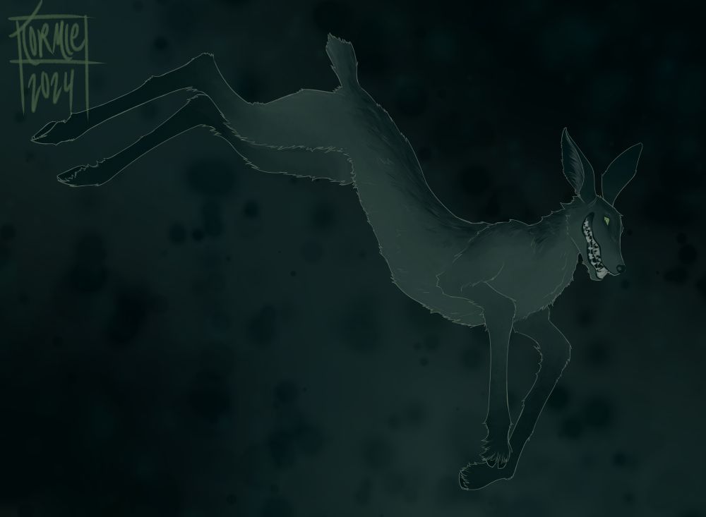 A lanky creature drawn in shades of teal with bright green eyes. The creature, leaping across a mottled background, looks almost like a goat, but with abnormally long, spindly legs and a long, narrow body. It sports a widely grinning mouth full of sharp teeth, like a dog's mouth. Its ears are oversized and its pupils are vertical slits.