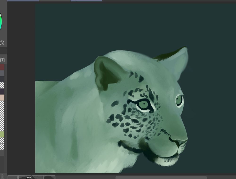 an unfinished painting of a leopard with pale green fur and dark teal spots on a flat teal background