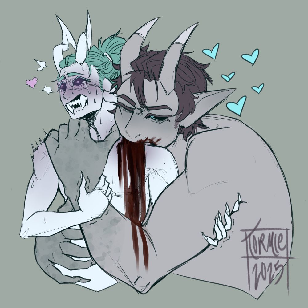 a colored sketch of two unclothed demon characters with a significant size difference between them. the larger demon has short purple hair and pale grey skin with mottled darker grey hands. the smaller one has paper-white skin and blue-green hair tied up in a ponytail. the larger demon, biting into the smaller's shoulder, holds the smaller closely in front of him, one hand at his waist and the other around his neck. blood pours from the wound, and the smaller demon clutches at his companion's arms with both hands. the smaller looks to be crying out, while the larger's expression is smug.