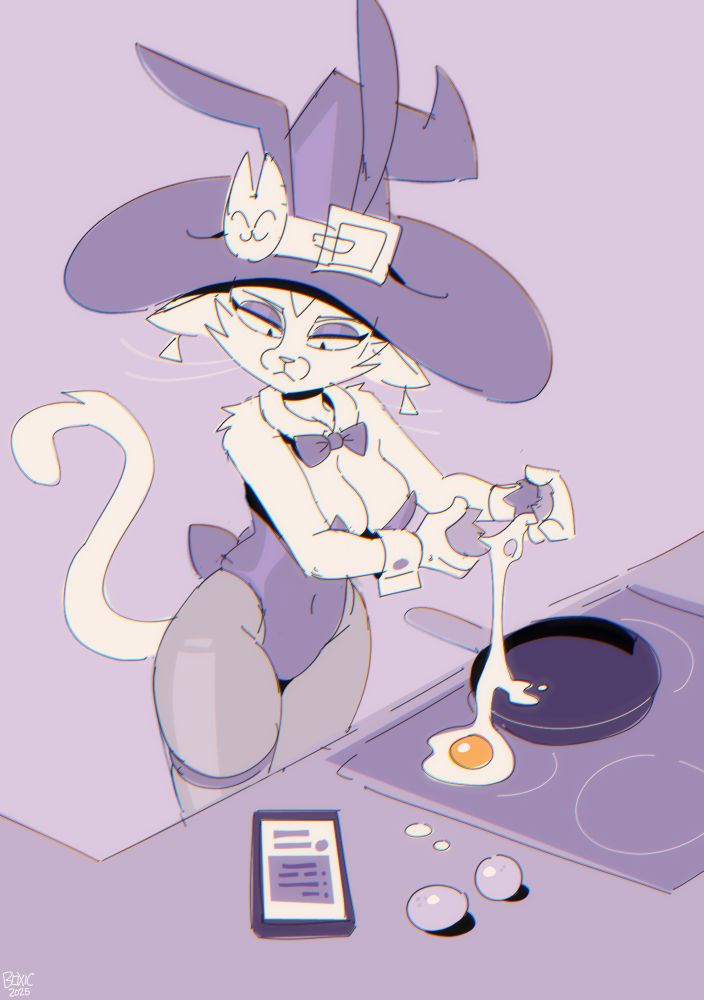 A coloured sketch of Maxie wearing a Bunny suit, standing at the stovetop attempting to crack an egg into a pan and missing. She's too distracted looking at a recipe on her phone screen off to the side. What an idiot lol