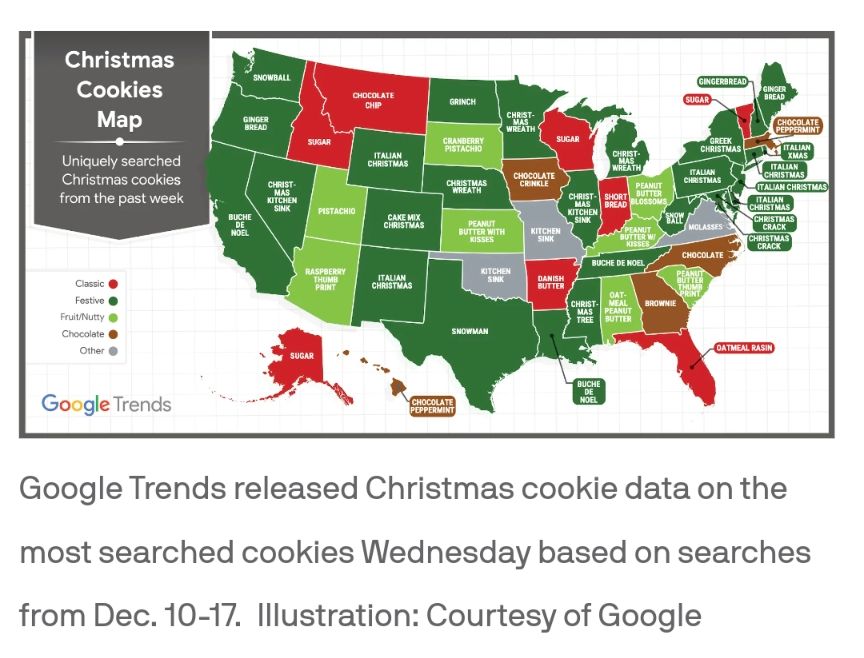 Google's 2024 map of most searched Christmas cookie recipes by state.
