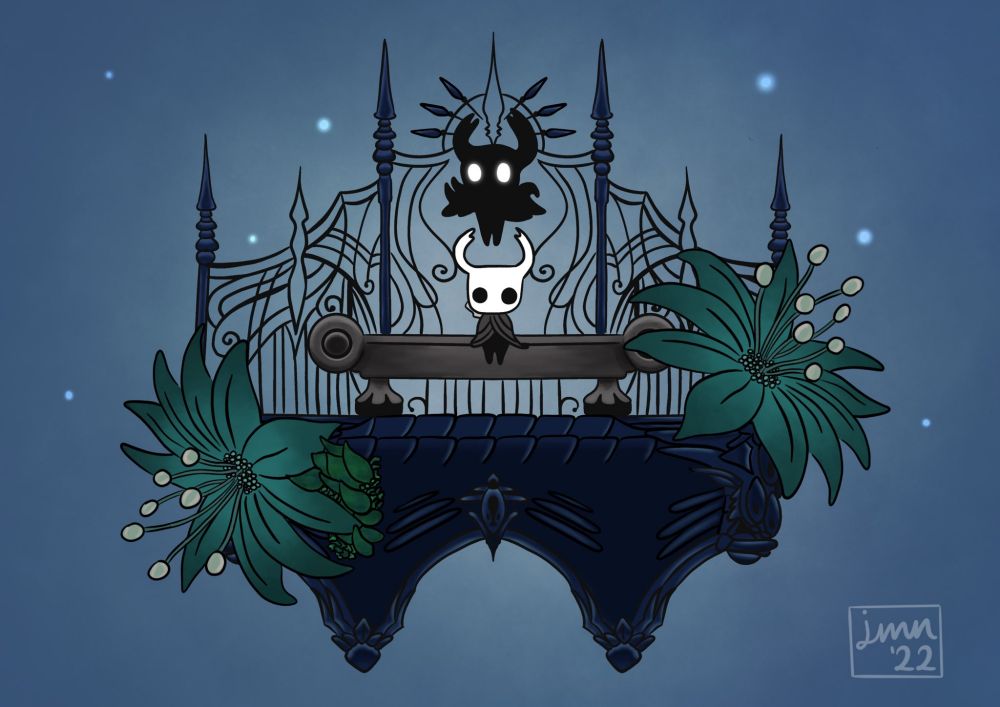 Digital painting depicting the Knight sitting on a stone chair with the shade floating above him. There's foliage and metal elements inspired by various areas in the video game Hollow Knight.