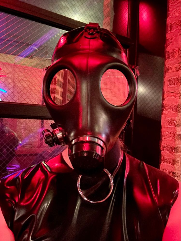 selfie wearing a 4a1 gas mask with mirrored lenses, latex hood, latex shirt, & collar with a large o-ring.