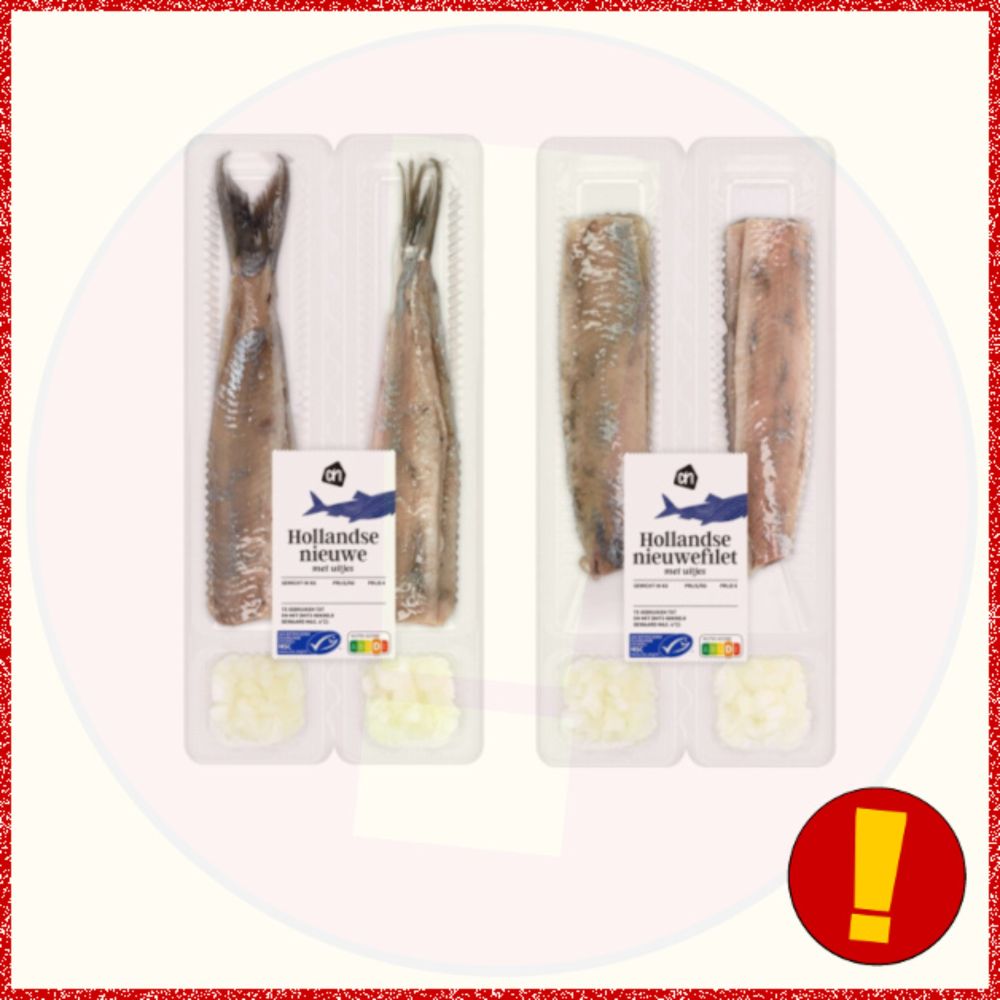 In verpakkingen Hollandse Nieuwe met uitjes van Albert Heijn kan de schadelijke Listeria bacterie aanwezig zijn. Eet deze haring(filet) niet!
