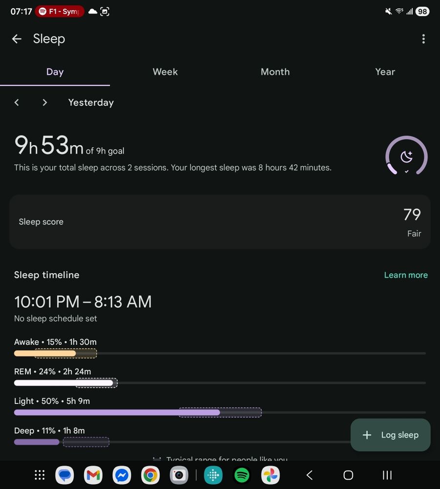 Screenshot of my Fitbit screen showing I slept until 8a.