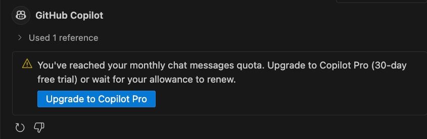 Message from GitHub Copilot telling me I've exceeded quota for the month ☹️