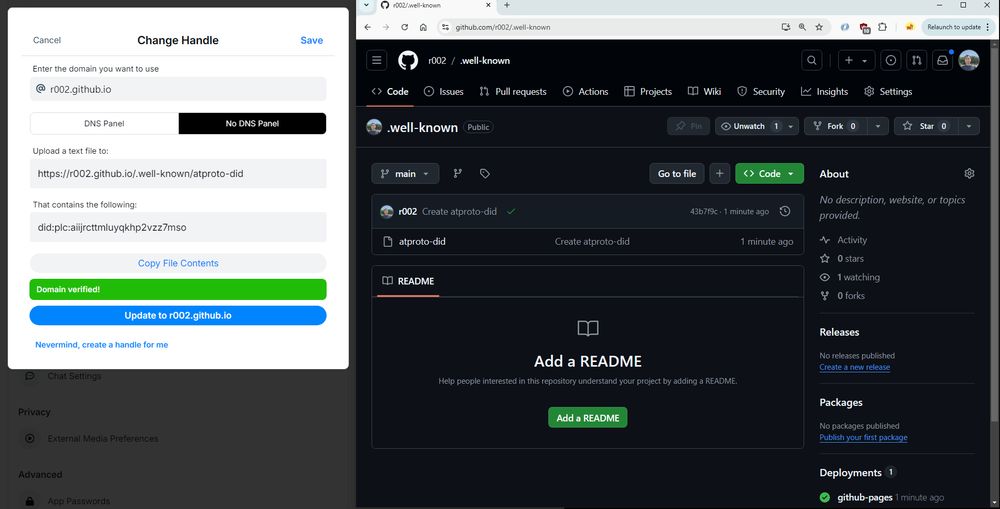 Domain verification can be done by DNS or by uploading your did to https://<YOUR DOMAIN>/.well-known/atproto-did