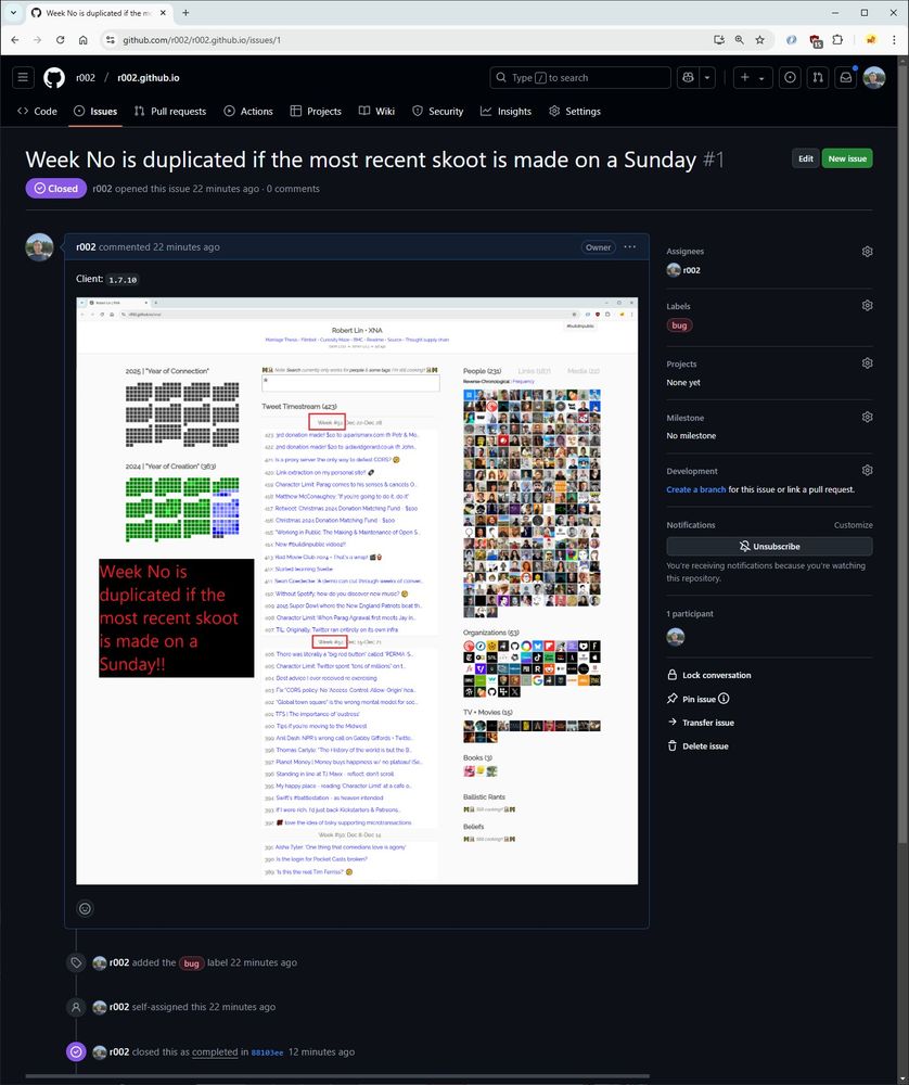 Screenshot of a GitHub issue containing a screenshot of my personal site (with a bug on it that I just fixed today).  This is what Swyx calls "learning exhaust".  (As an aside: a screenshot of a screenshot is kinda like Inception!! 🙂)
