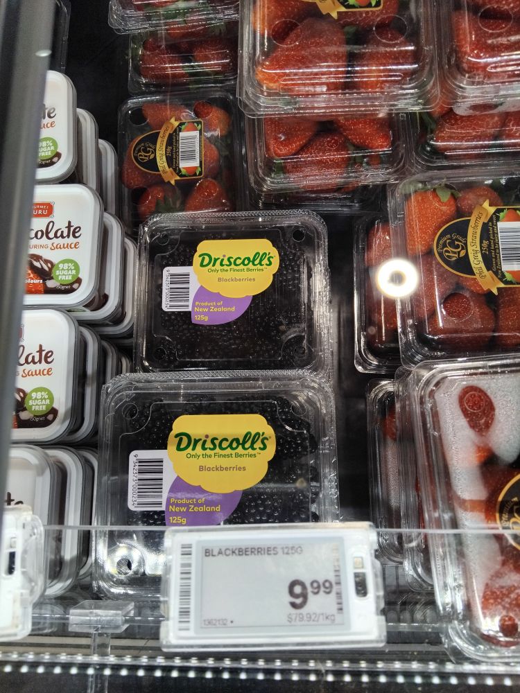 Small punnet of blackberries for $10 in a New World display cabinet in Wellington.