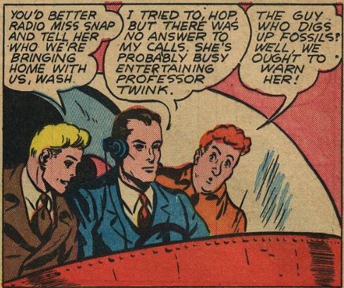 first panel: mention of Hop Harrigan's boarding house owner, "Miss Snap," entertaining "Professor Twink."