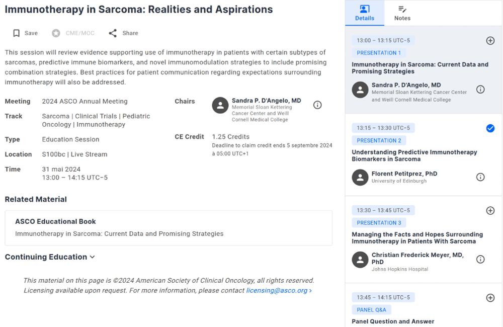 A screenshot of the ASCO program showing the educational session on immuntherapy in sarcoma