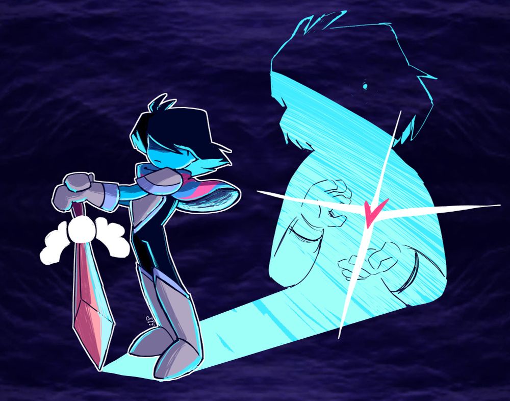 Kris standing with their sword tip resting on the ground. Their casted shadow is in the shape of themselves. The SOUL shines where their heart is on their shadow.