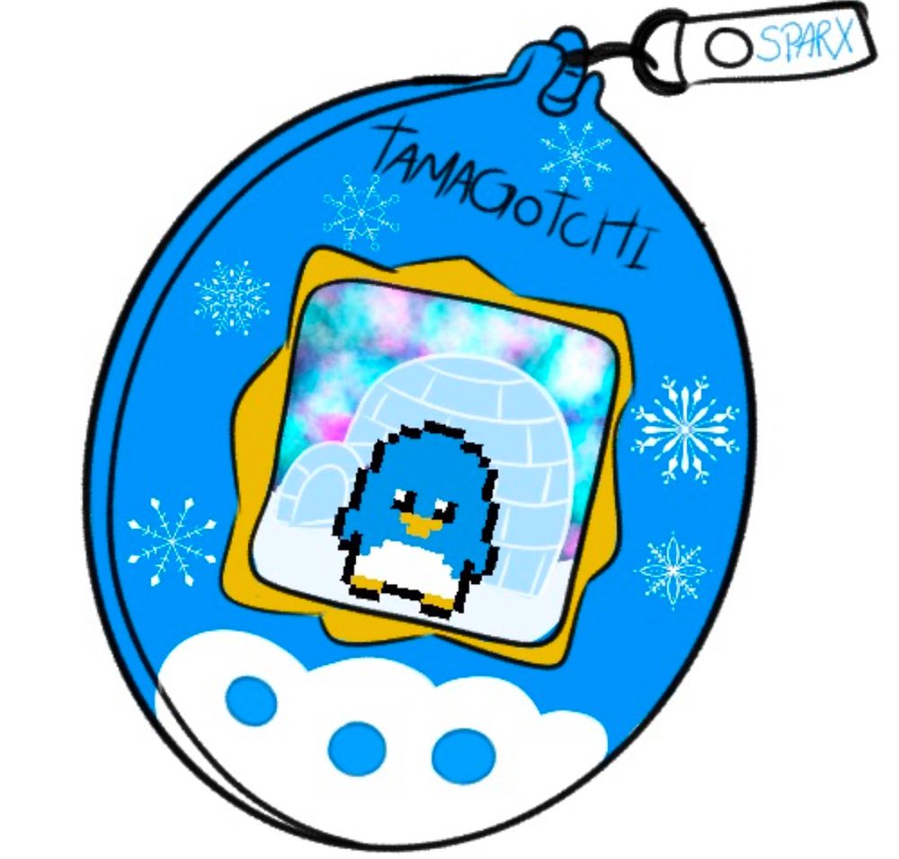 blue tamagotchi for Sparx
pixel penguin with an igloo behind