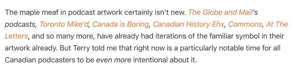 Screen cap from Pod the North newsletter sharing that Toronto Mike'd has always had a maple leaf in the podcast artwork