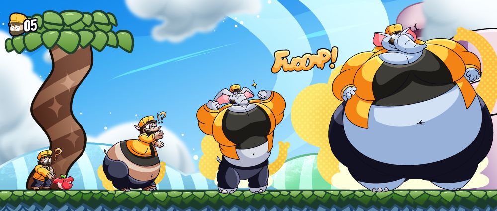 Four image sequence of myself (human) turning into a giant anthro elephant via the Elephant Fruit power up from Mario Wonder. YCH by xavier_exeiver3.