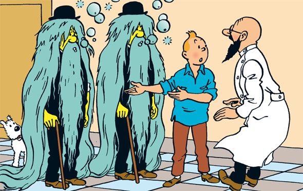 Dans "Tintin au pays de l'or noir", Dupond et Dupont avec des cheveux très long et bleu-vert après s'avoir bu un liquide mystérieux car il se sentaient mourir de soif.