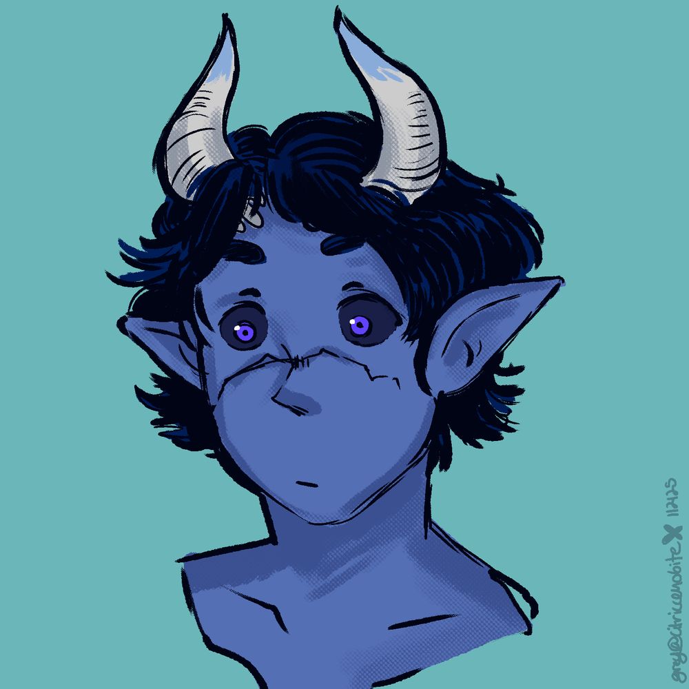 Drawing of a blue tiefling with white horns and purple eyes. They have pointed ears, and their hair is cropped close. A prominent scar streaks across their nose. Their sclera are black.