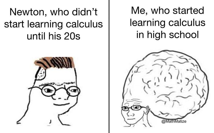 Zoomer Wojak under the text “Newton, who didn’t learn calculus until his 20s” next to a big brain Wojak under the text “Me, who learned calculus in high school”