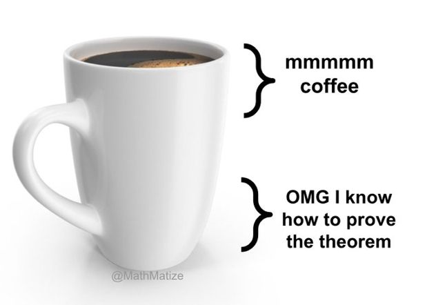 A mug of coffee with top portion captioned “mmmmm coffee” and bottom portion captioned “OMG I know how to prove the theorem”