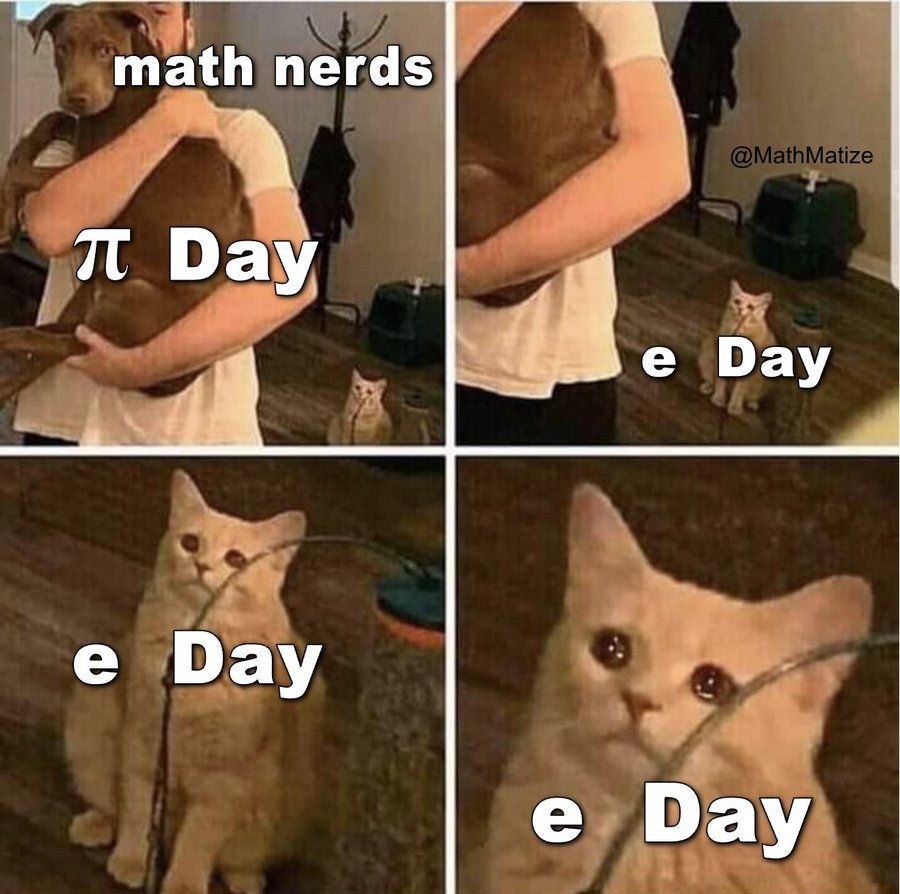A person captioned "math nerds" holding a dog captioned "pi day".

A sad cat captioned "e Day", shown in 3 panels increasingly zooming in.