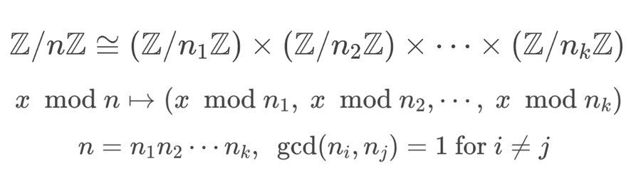 Z/nZ isomorphic (Z/n_1 Z)x(Z/n_2 Z)x...x (Z/n_k Z)
x mod n maps to (x mod n_1, x mod n_2, ..., x mod n_k)
n=n_1 n_2...n_k, gcd(n_i,n_j)=1 for i not equal j