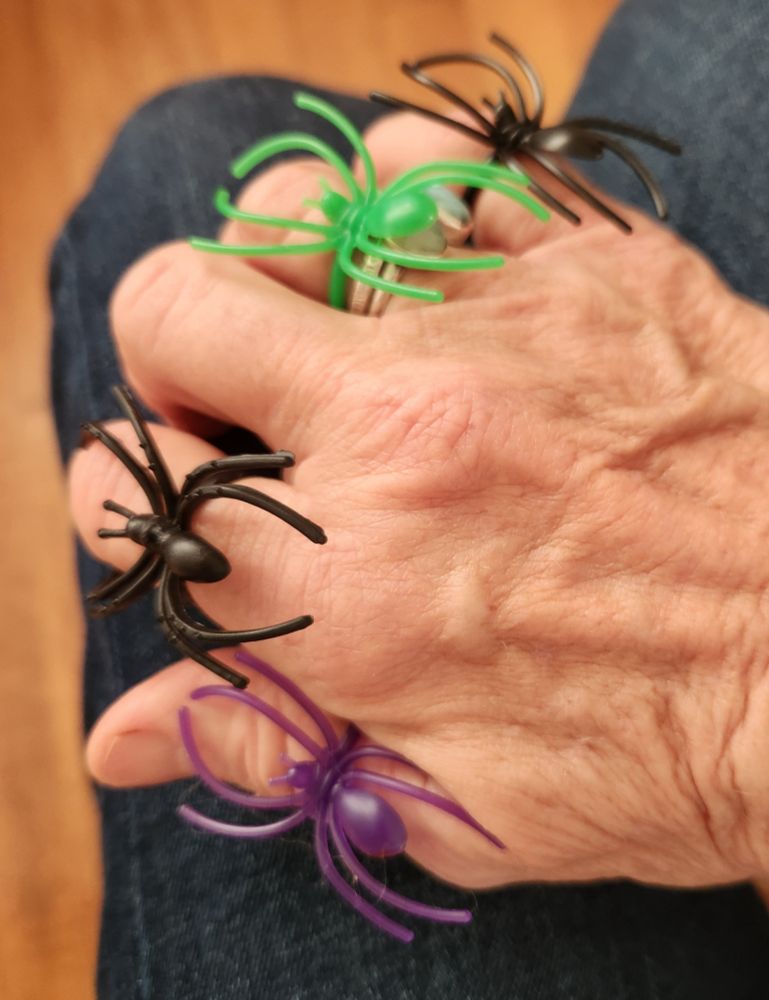 Quatre bagues araignées, violette, noire, verte et noire. Portées sur le pouce, l'index, l'annulaire et l'auriculaire.