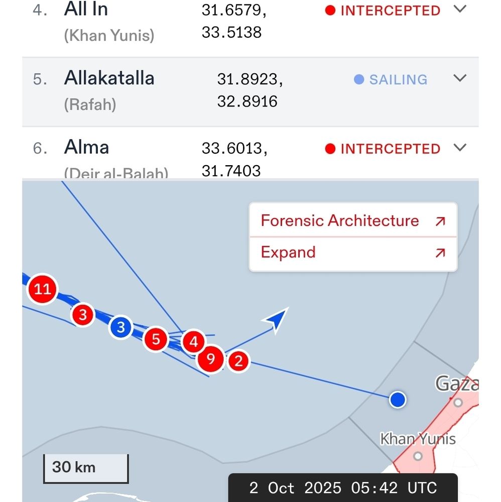 Carte de global sumud flotilla tracker montrant la position du Mikeno dans les  eaux de Gaza. 