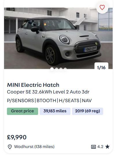 MINI Electric Hatch
Cooper SE 32.6kWh Level 2 Auto 3dr

39,183 miles 2019 (69 reg) Automatic Electric
£9,990