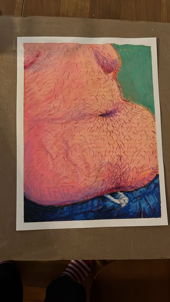 mixed media drawing of a shirtless stomach with stretch marks and brown hairs