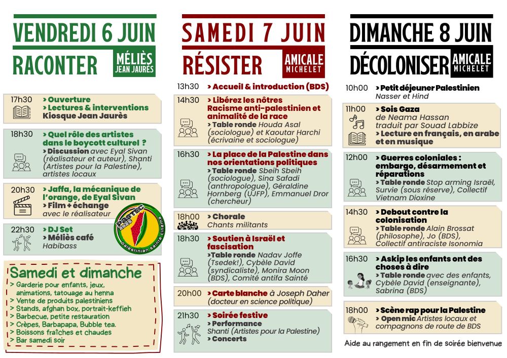 Affiche présentant le programme des 10 ans de BDS Sainté, organisé sur trois jours autour des thématiques « Raconter », « Résister » et « Décoloniser », avec lieux, horaires, intervenant·es et types d’activités. Trois colonnes principales structurent l’image, correspondant à chaque jour.

L'intégralité du programme est à retrouvé sur le site www.bds42.org