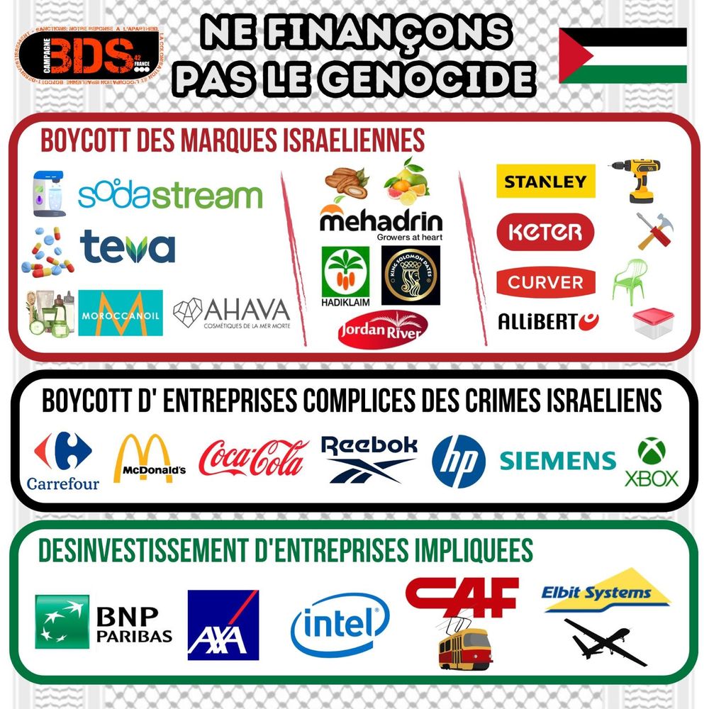Affiche de la campagne BDS (Boycott, Désinvestissement, Sanctions)  par le comité BDS Saint Etienne appelant au boycott de certaines entreprises en raison de leur implication dans le soutien à Israël.

L'affiche est divisée en trois sections :

1 - Boycott des marques israéliennes : Logos de marques telles que SodaStream, Teva, Ahava, Moroccanoil, Mehadin, Hadiklaim, Jordan River, Stanley, Keter, Curver et Allibert.

2 - Boycott d'entreprises complices des crimes israéliens : Logos de grandes entreprises internationales, dont Carrefour, McDonald's, Coca-Cola, Reebok, HP, Siemens et Xbox.

3 - Désinvestissement d'entreprises impliquées : Logos de BNP Paribas, AXA, Intel, CAF et Elbit Systems, cette dernière étant une entreprise d'armement.

L'affiche porte le slogan "Ne finançons pas le génocide" accompagné d'un drapeau palestinien.