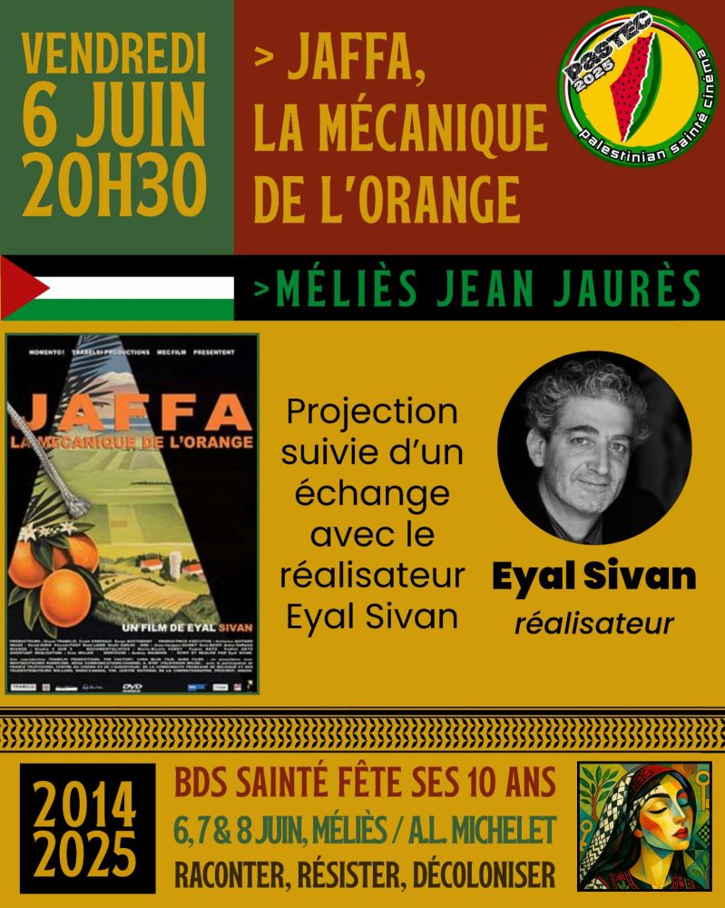 Affiche de présentation de l'évènement 
20h30 film au Méliès, La mécanique de l'orange + discussion avec le réalisateur Eyal Sivan