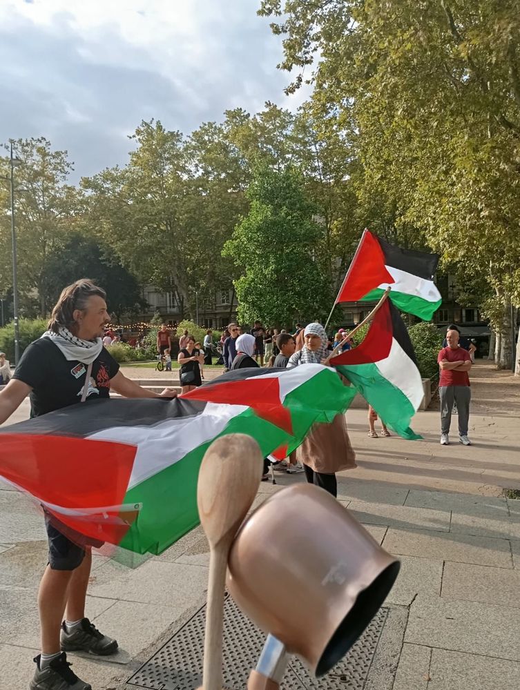 Photo du rassemblement. On y voit de nombreux drapeaux Palestiniens