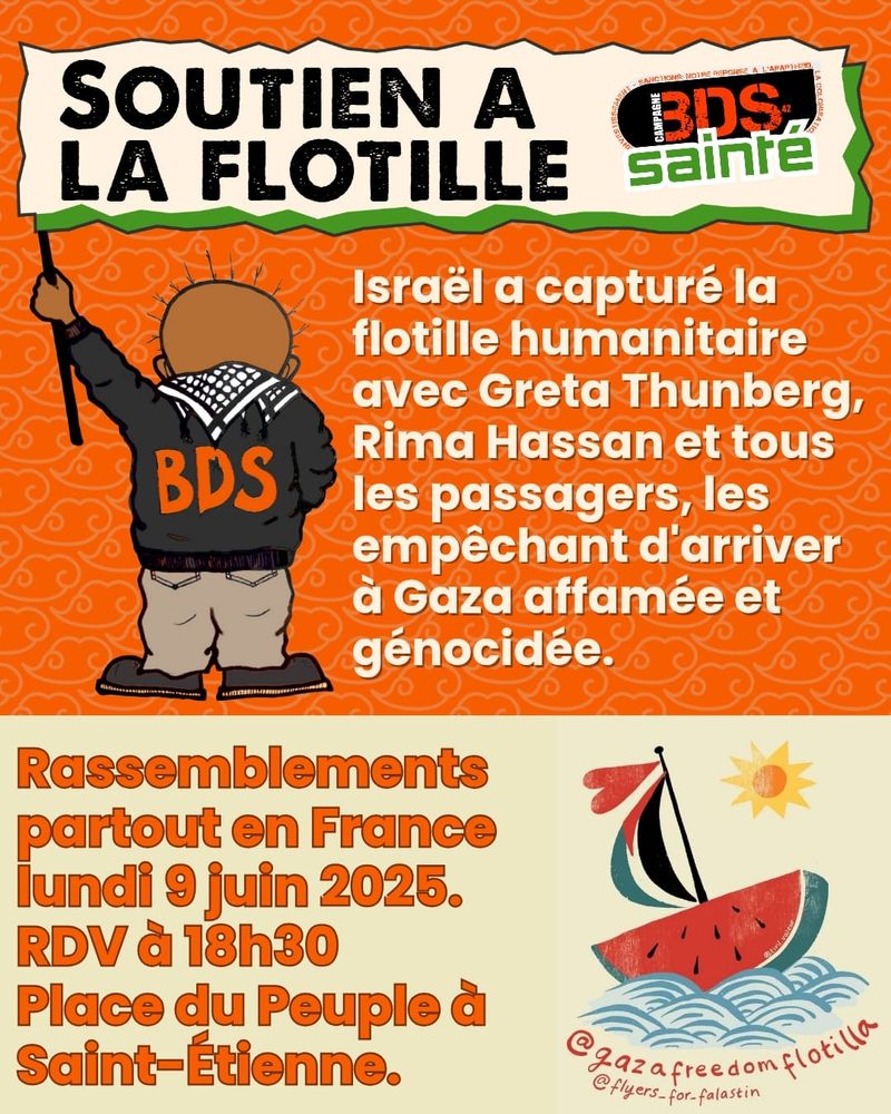 Appel à rassemblement à 18h30 place du peuple à Saint-Etienne pour dénoncer la capture de la Freedom Flotilla