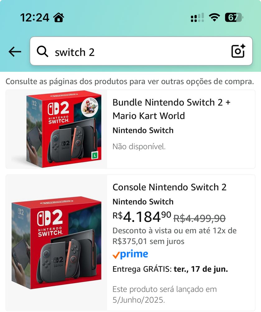 Preço do Nintendo Switch 2, no valor de R$ 4.184,90 a vista no pix, R$ 4.499,90 parcelado em até 12x
Nenhum ser humano normal consegue alcançar esse valor.
O bundle com o jogo Mario Kart World não está disponível 