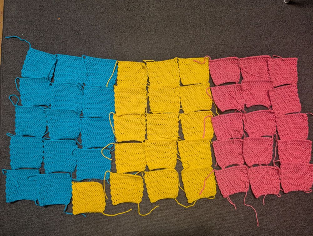 Crochet squares, 14 turquoise, 16 yellow, 15 pink